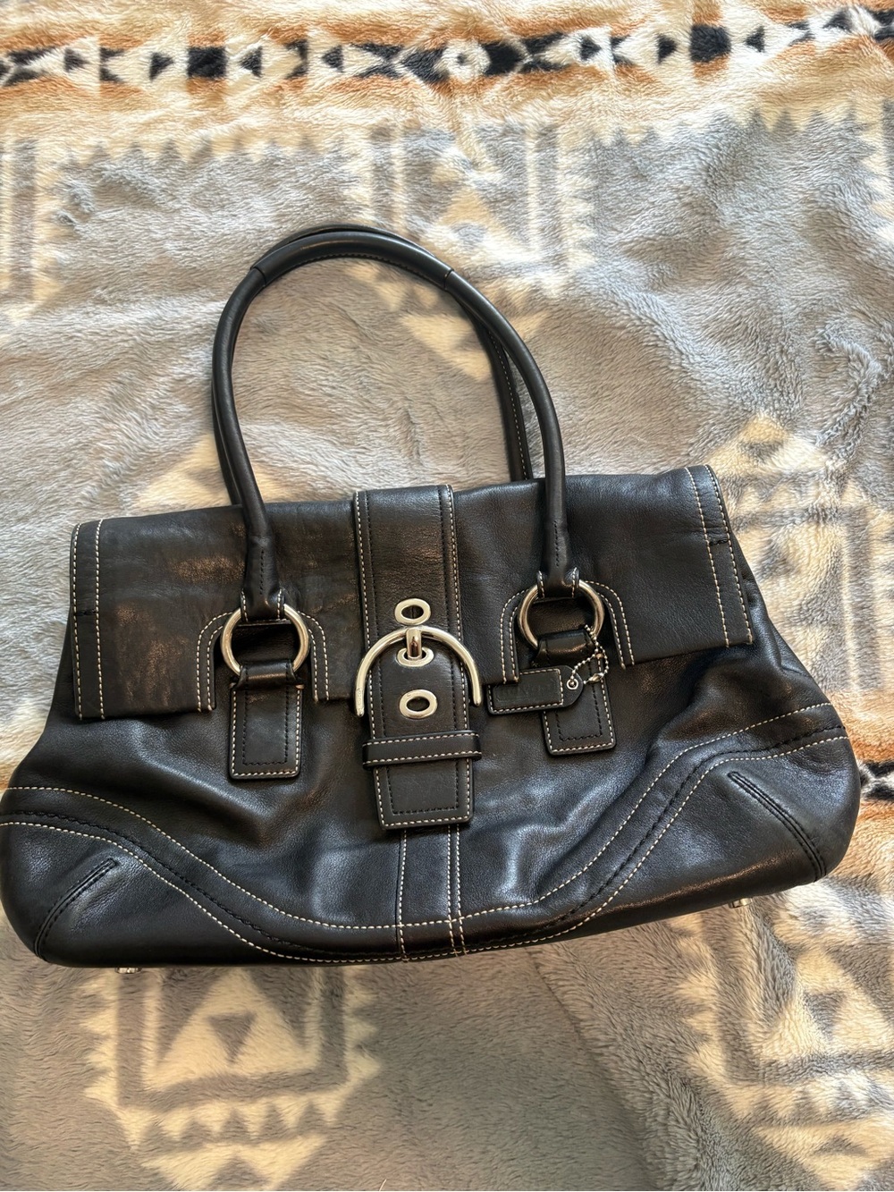 Coach Black Leather Double-Handle Shoulder Bag with Silver-Tone Buckle